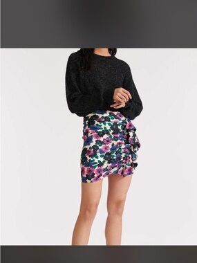 Veronica Beard Floral Ruffle Ruched Silk Mini Skirt in Pink, Purple & Green Sz 4